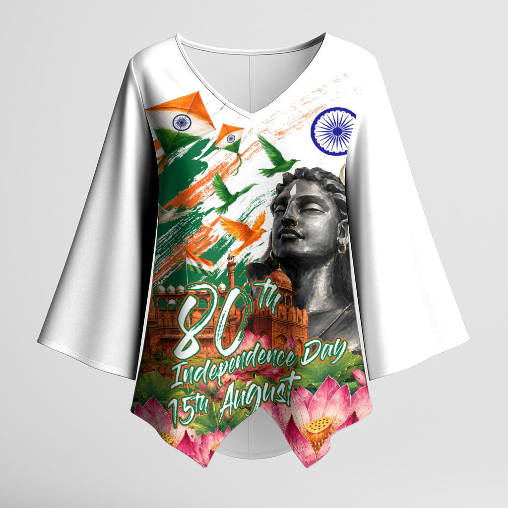 India 80th Independence Day Kimono Sleeve Blouse Ashoka Chakra Lotus Landmarks Shiva