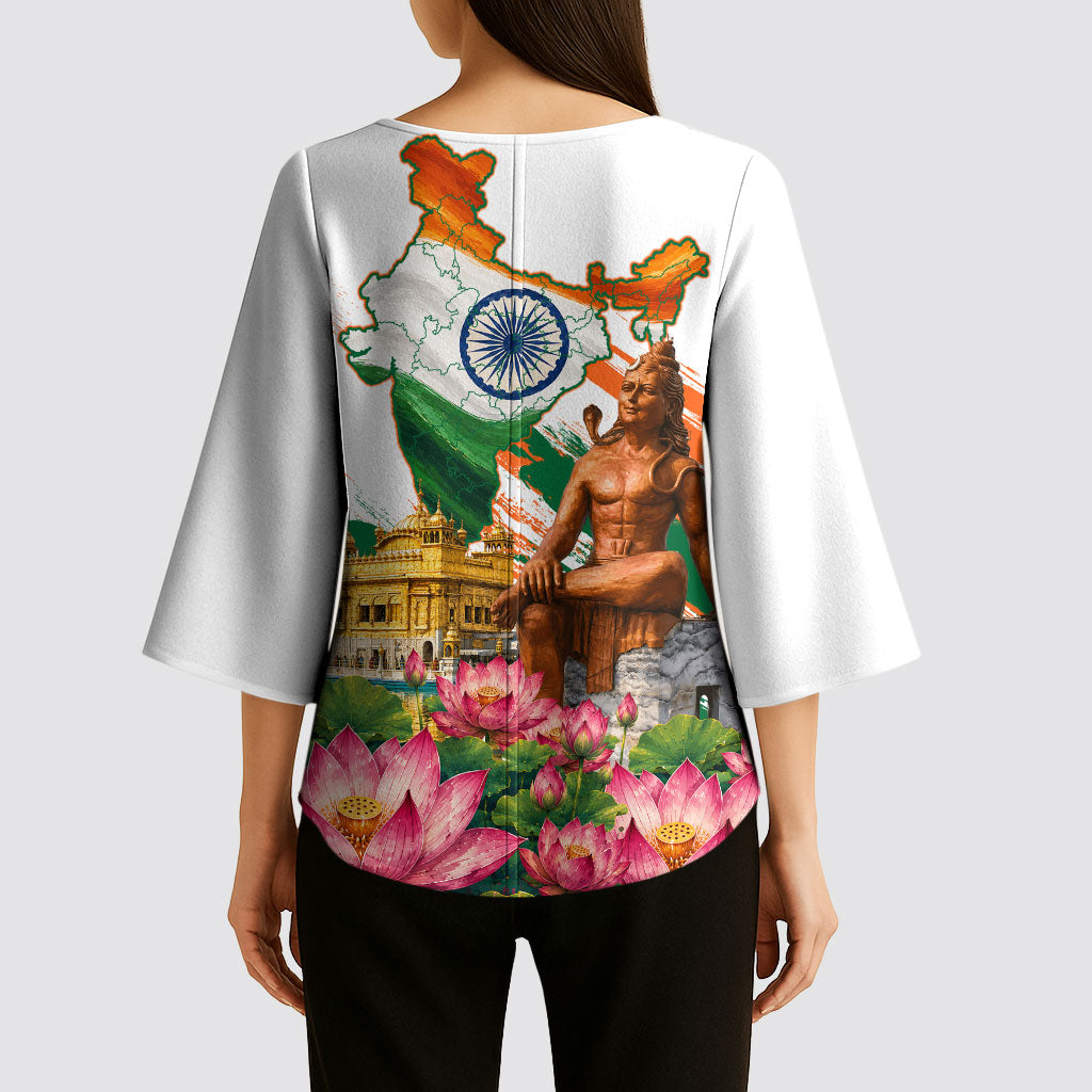 India 80th Independence Day Kimono Sleeve Blouse Ashoka Chakra Lotus Landmarks Shiva