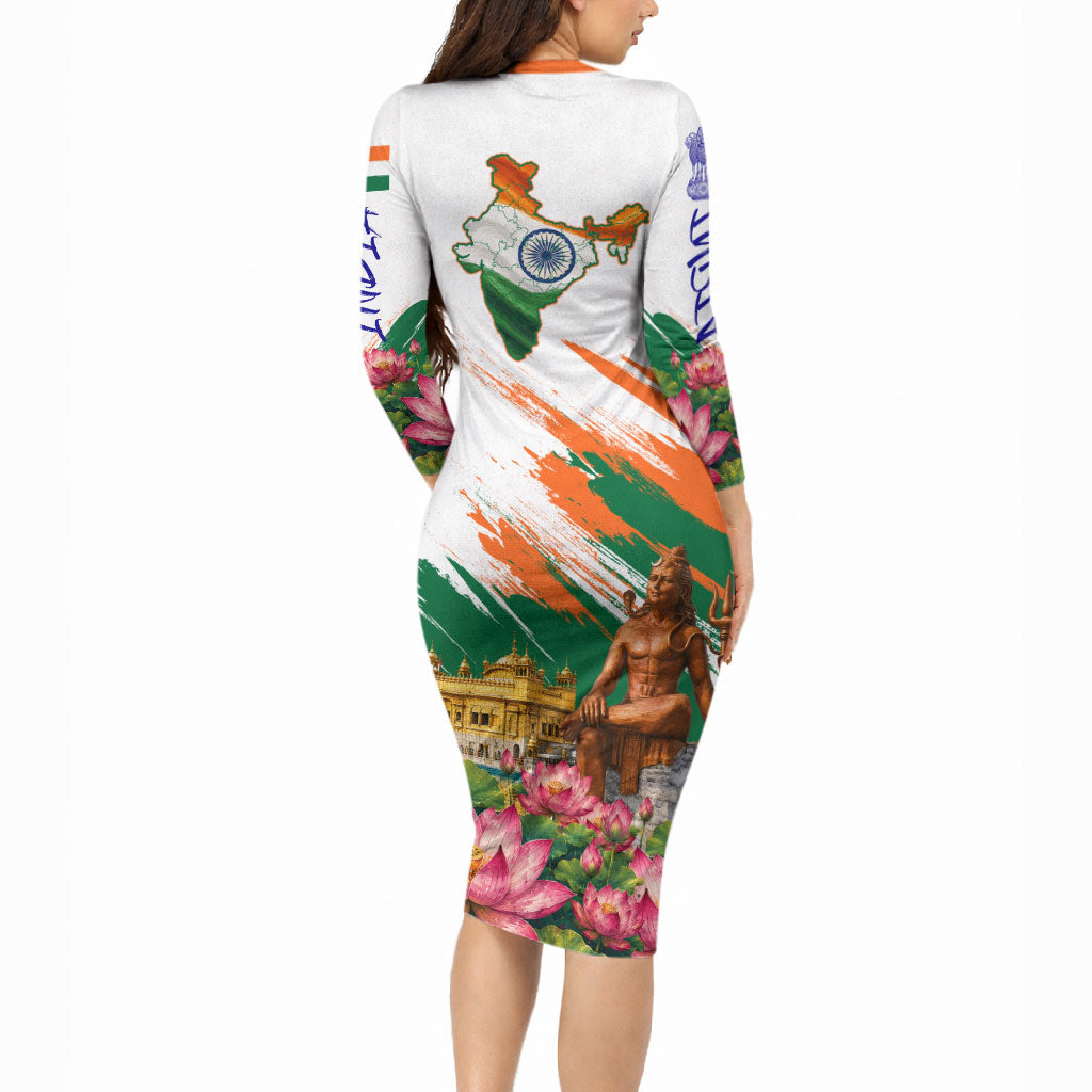 India 80th Independence Day Long Sleeve Bodycon Dress Ashoka Chakra Lotus Landmarks Shiva
