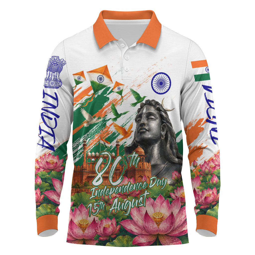 India 80th Independence Day Long Sleeve Polo Shirt Ashoka Chakra Lotus Landmarks Shiva
