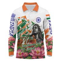 India 80th Independence Day Long Sleeve Polo Shirt Ashoka Chakra Lotus Landmarks Shiva