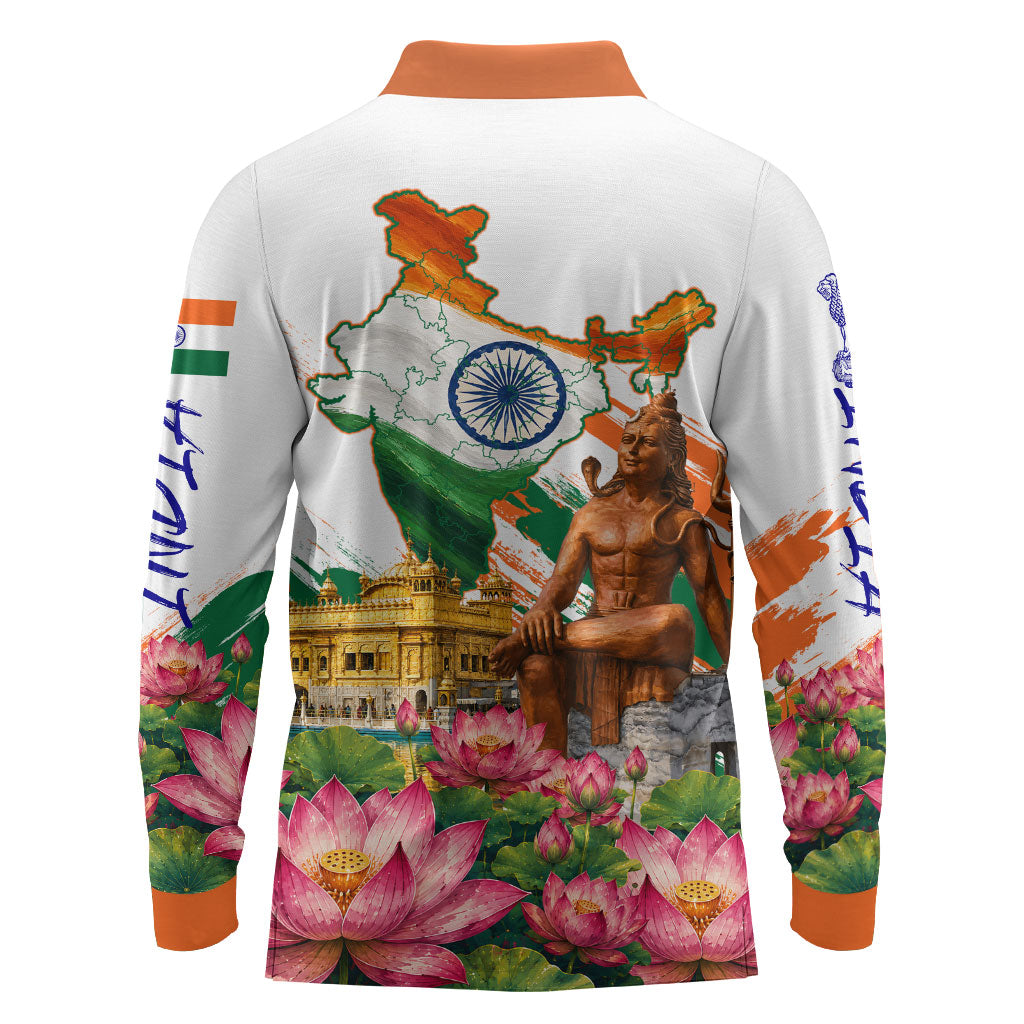 India 80th Independence Day Long Sleeve Polo Shirt Ashoka Chakra Lotus Landmarks Shiva