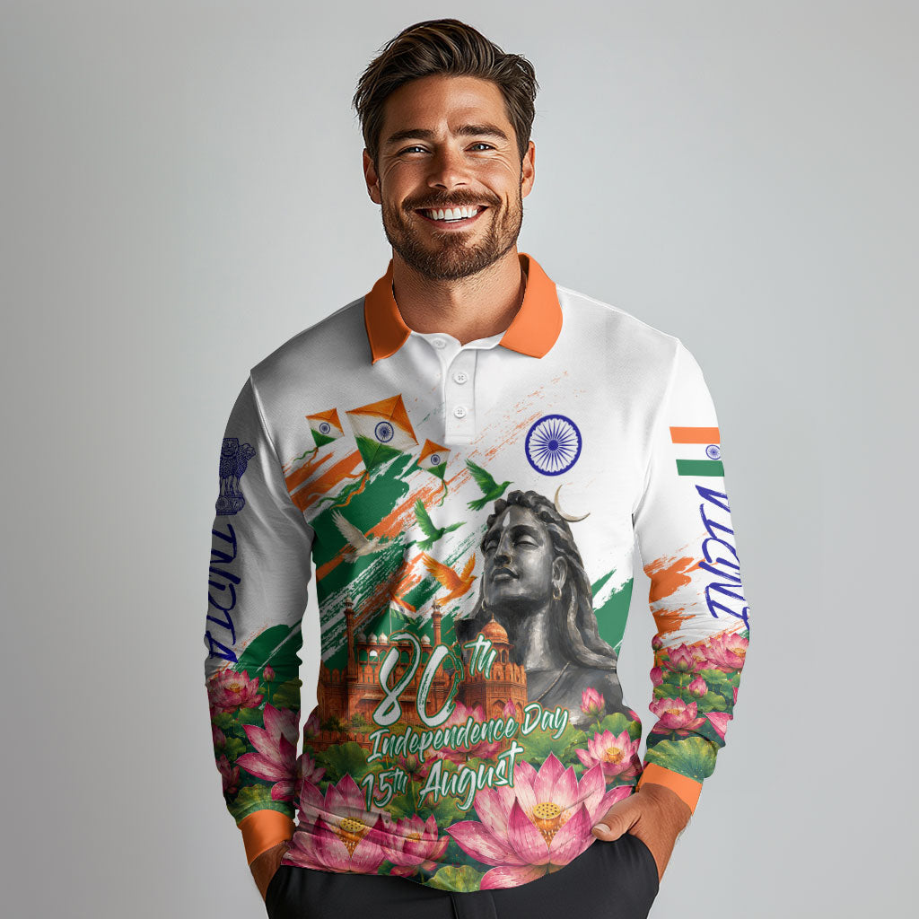 India 80th Independence Day Long Sleeve Polo Shirt Ashoka Chakra Lotus Landmarks Shiva