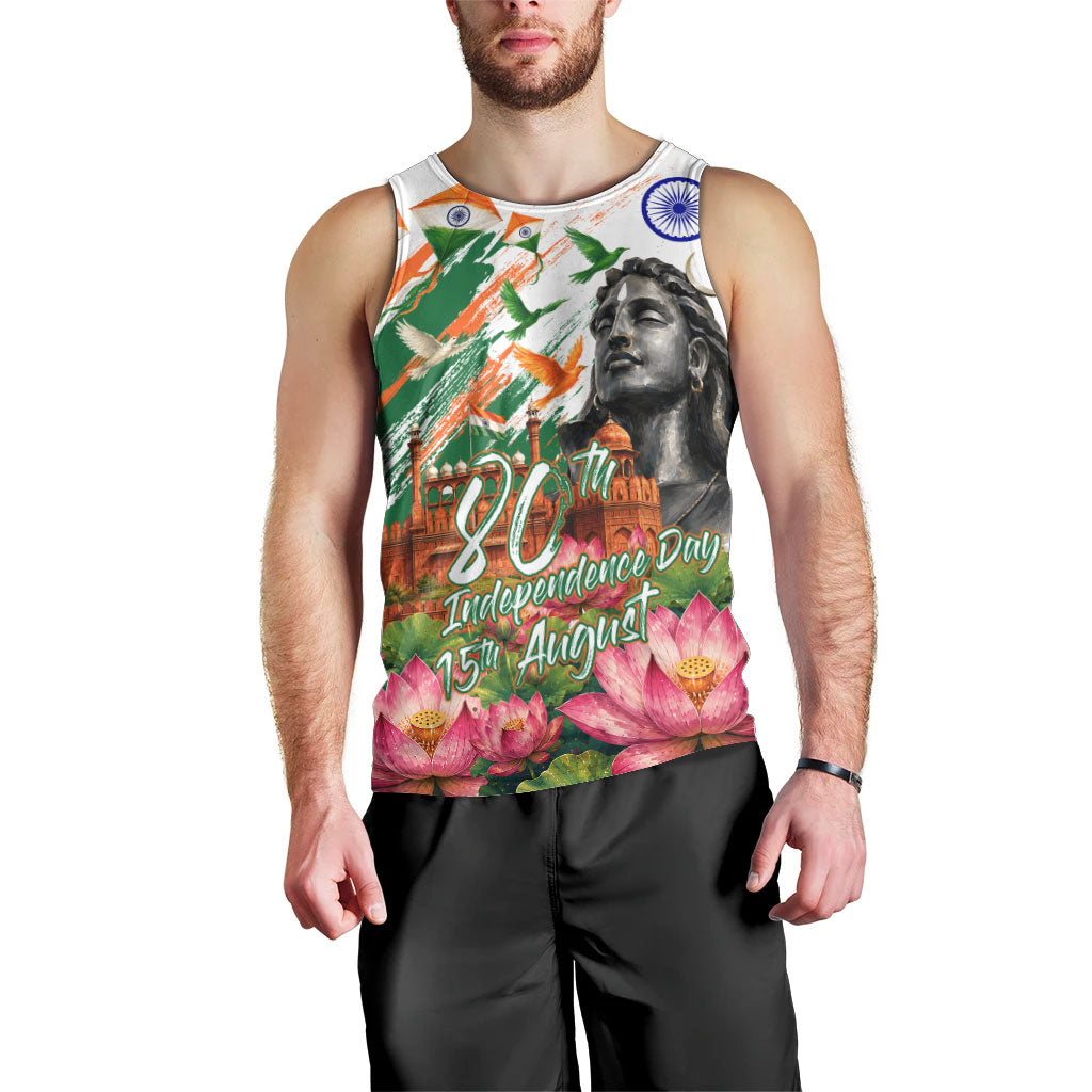 India 80th Independence Day Men Tank Top Ashoka Chakra Lotus Landmarks Shiva
