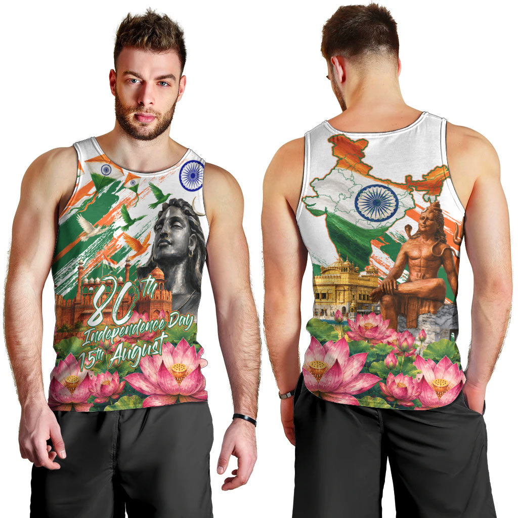 India 80th Independence Day Men Tank Top Ashoka Chakra Lotus Landmarks Shiva