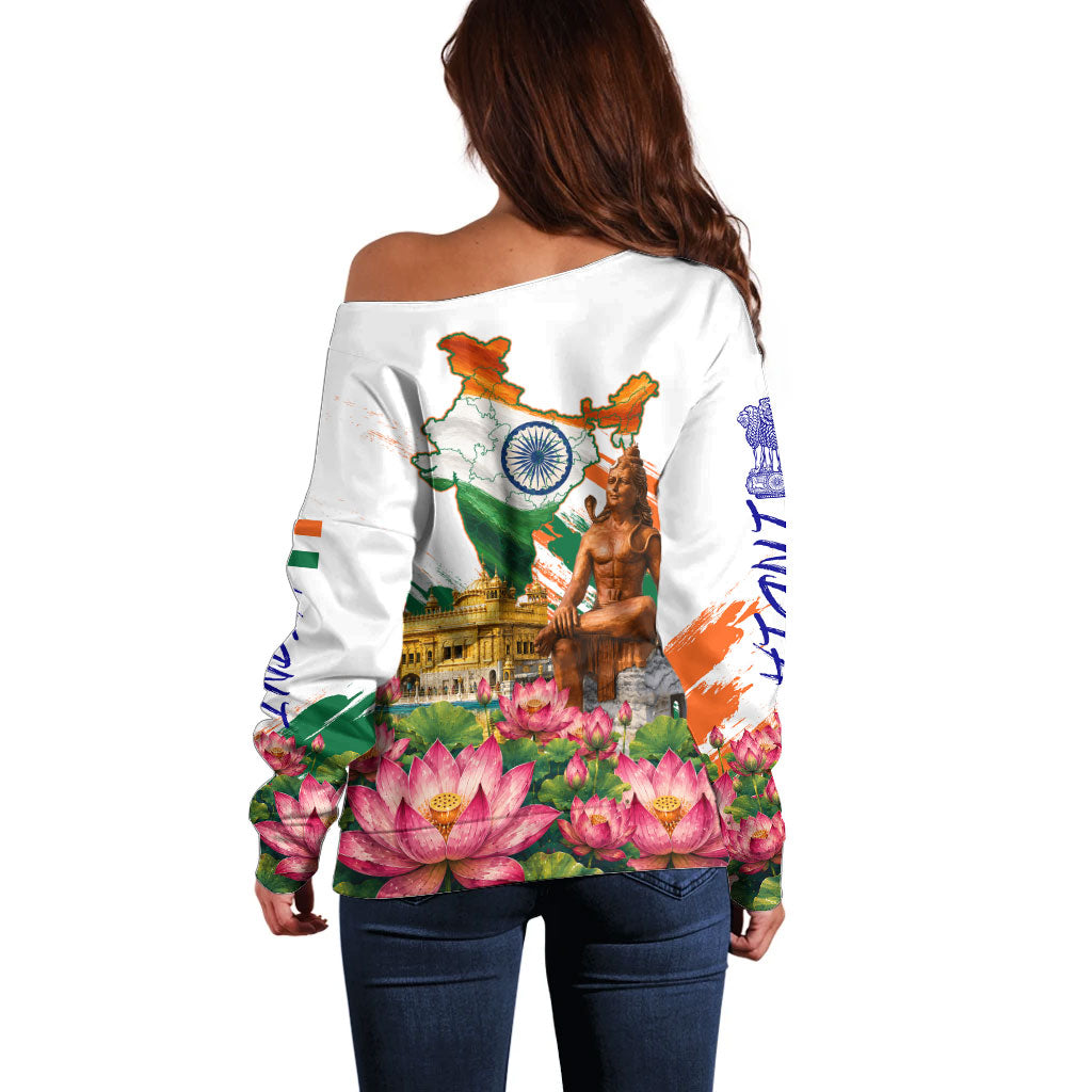 India 80th Independence Day Off Shoulder Sweater Ashoka Chakra Lotus Landmarks Shiva