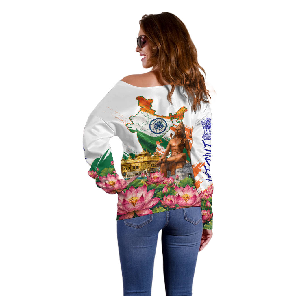India 80th Independence Day Off Shoulder Sweater Ashoka Chakra Lotus Landmarks Shiva