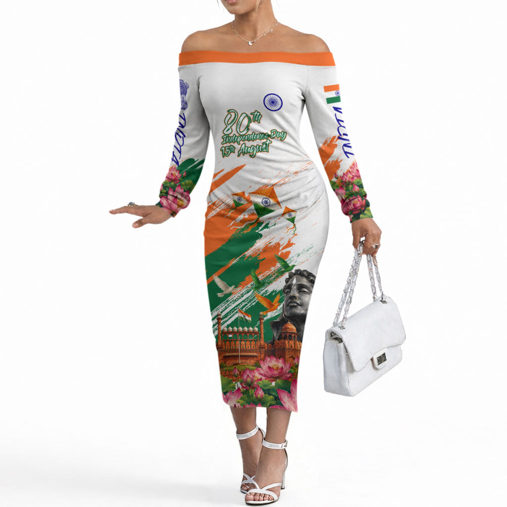 India 80th Independence Day Off The Shoulder Long Sleeve Dress Ashoka Chakra Lotus Landmarks Shiva