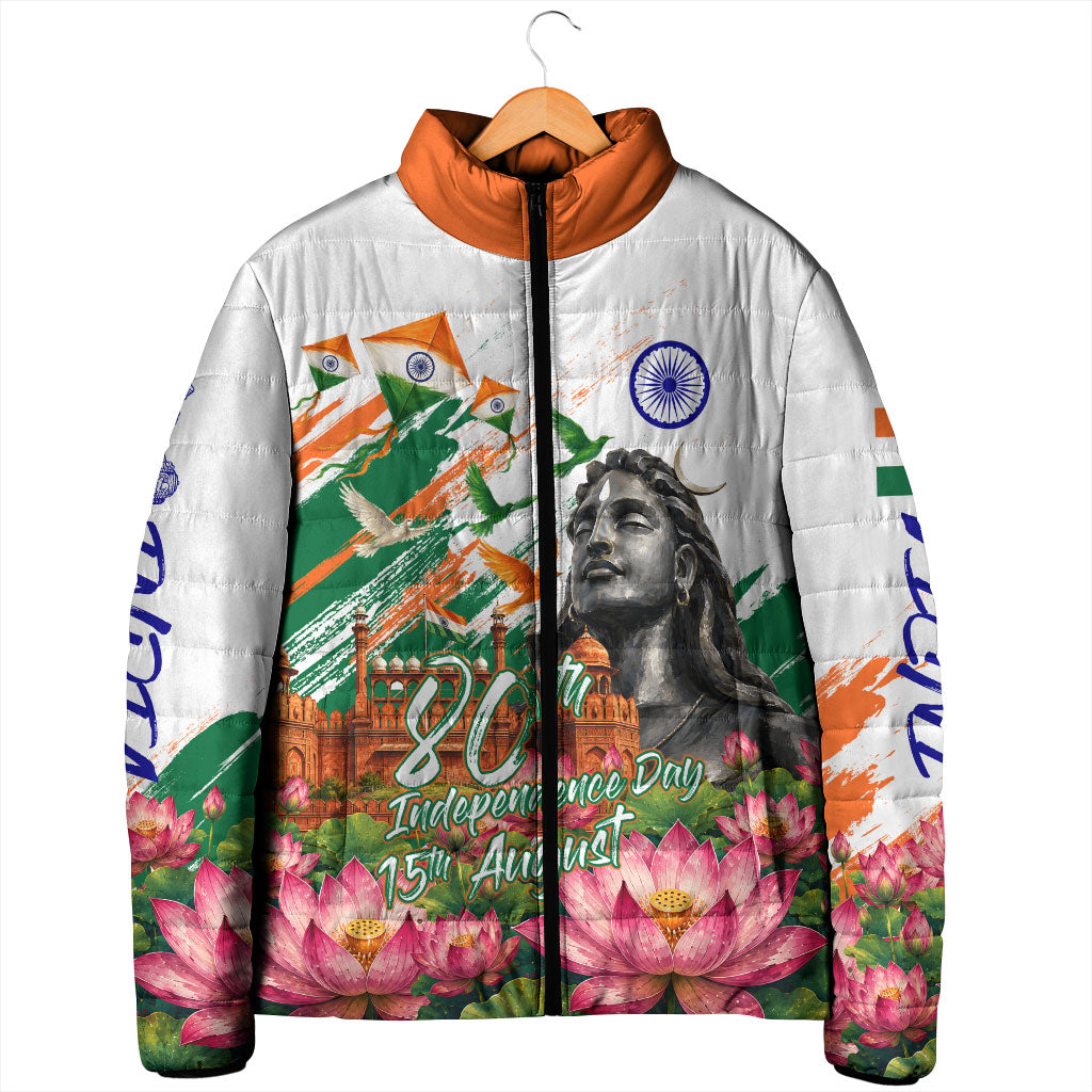 India 80th Independence Day Padded Jacket Ashoka Chakra Lotus Landmarks Shiva