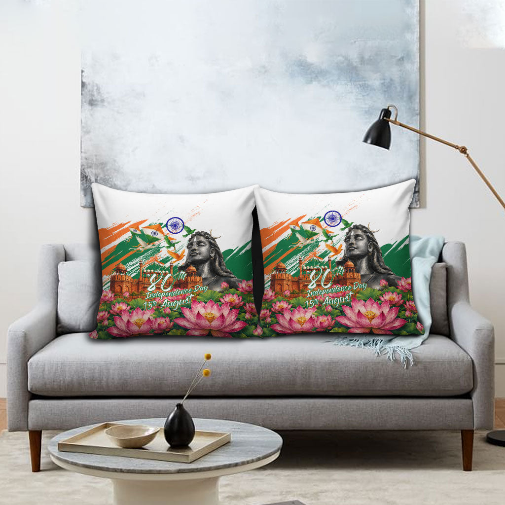 India 80th Independence Day Pillow Cover Ashoka Chakra Lotus Landmarks Shiva