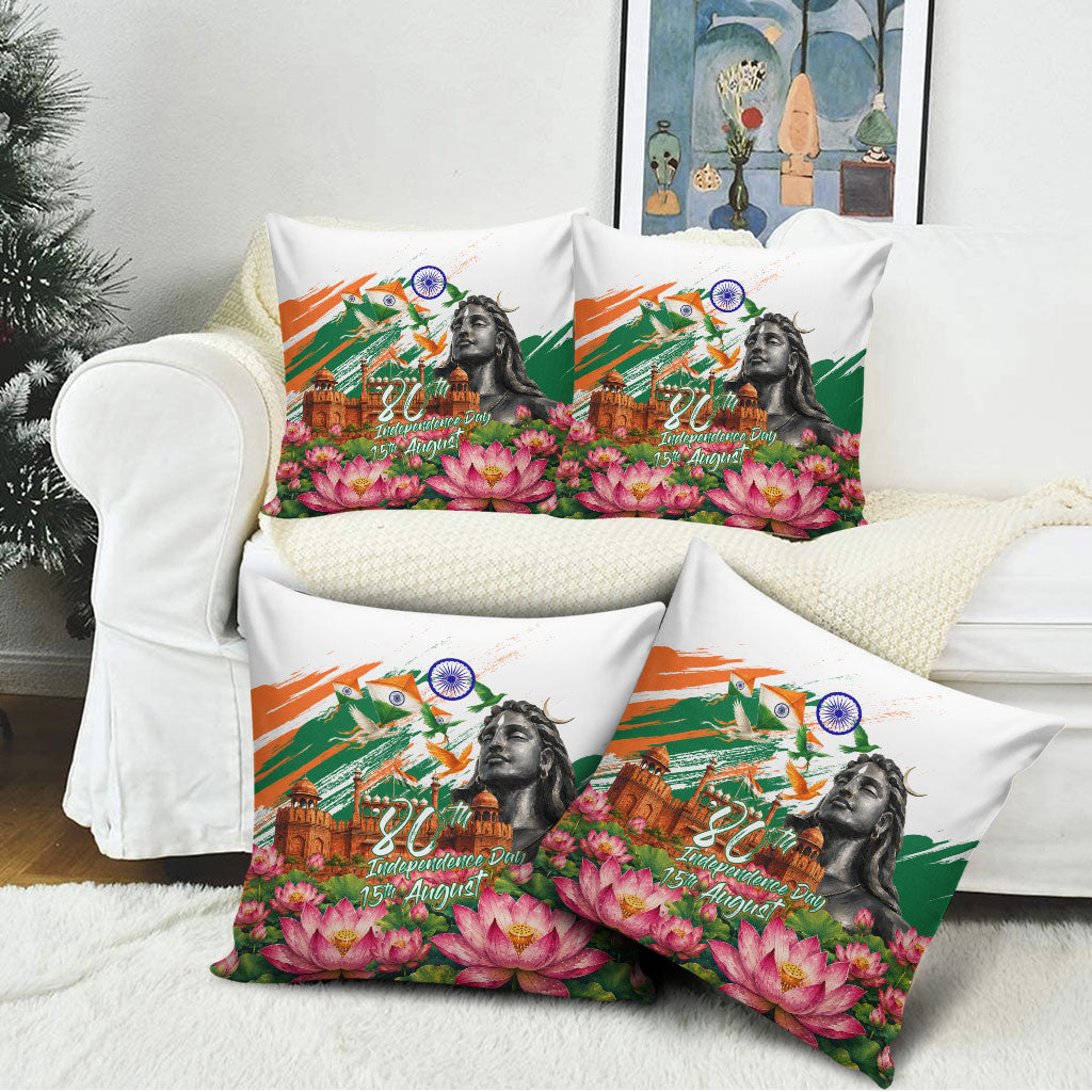 India 80th Independence Day Pillow Cover Ashoka Chakra Lotus Landmarks Shiva