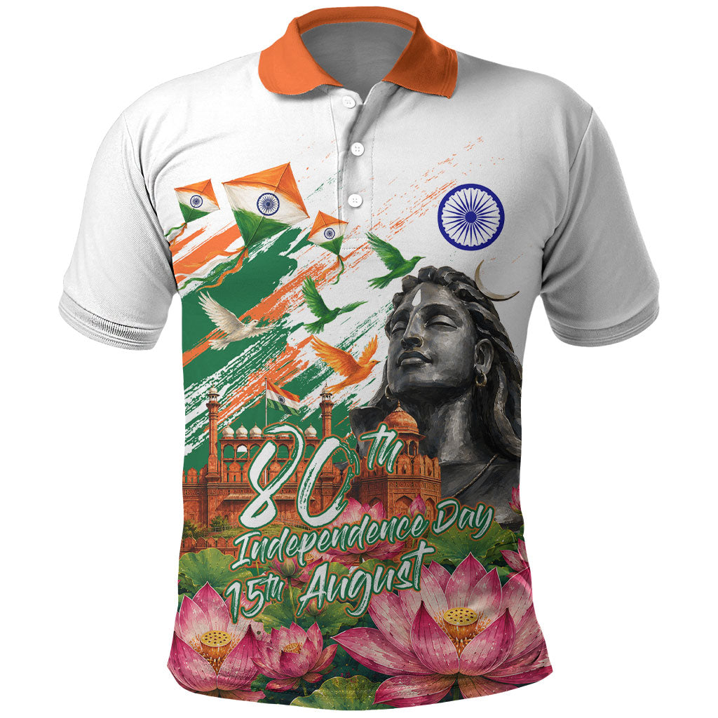 India 80th Independence Day Polo Shirt Ashoka Chakra Lotus Landmarks Shiva