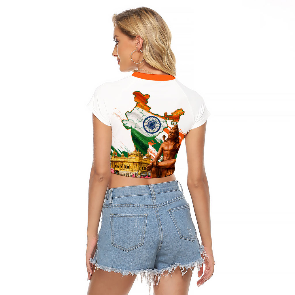 India 80th Independence Day Raglan Cropped T Shirt Ashoka Chakra Lotus Landmarks Shiva