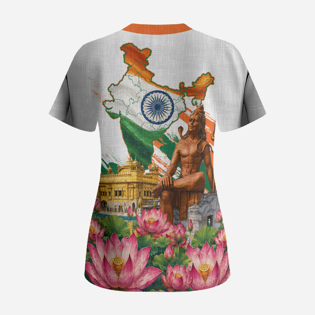 India 80th Independence Day Scrub Top Ashoka Chakra Lotus Landmarks Shiva