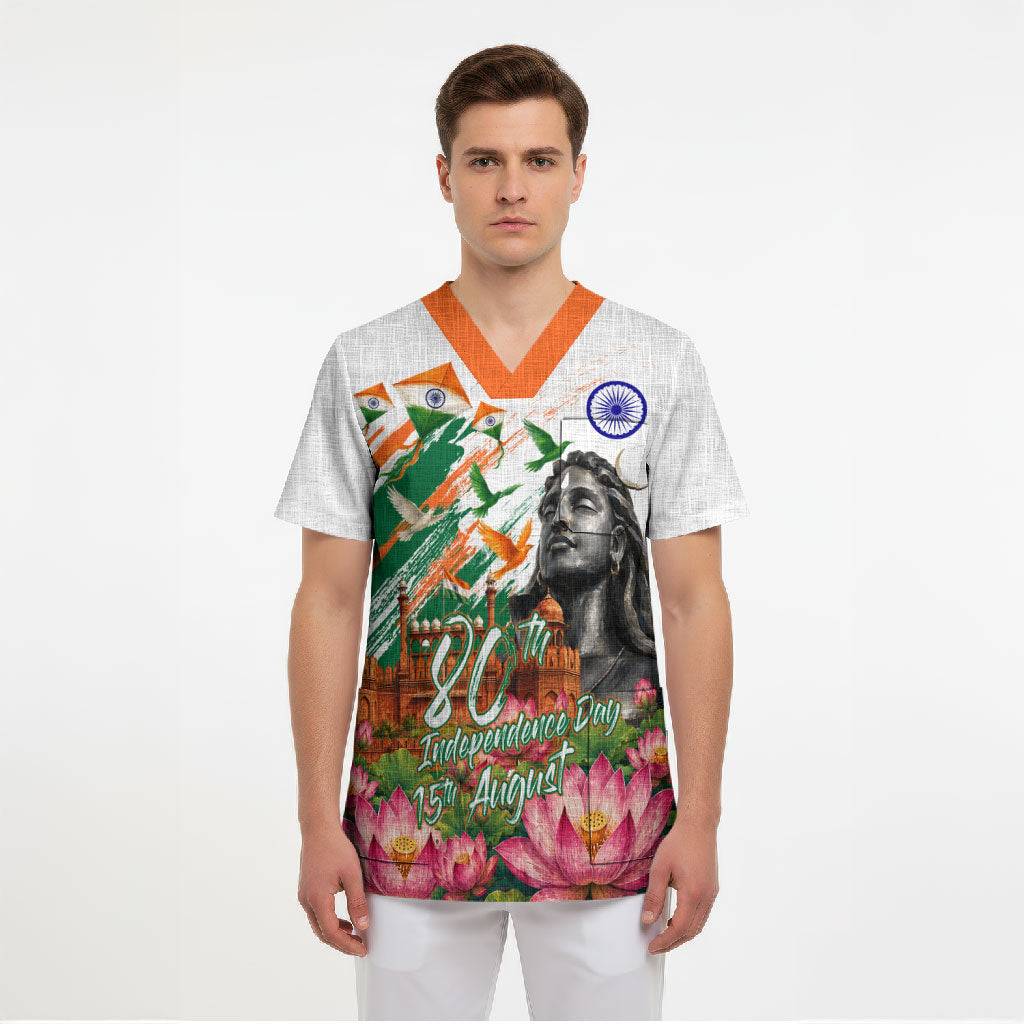 India 80th Independence Day Scrub Top Ashoka Chakra Lotus Landmarks Shiva