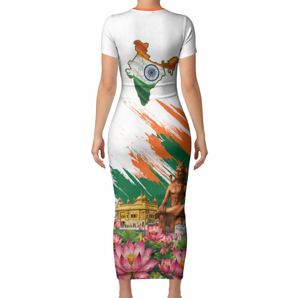India 80th Independence Day Short Sleeve Bodycon Dress Ashoka Chakra Lotus Landmarks Shiva
