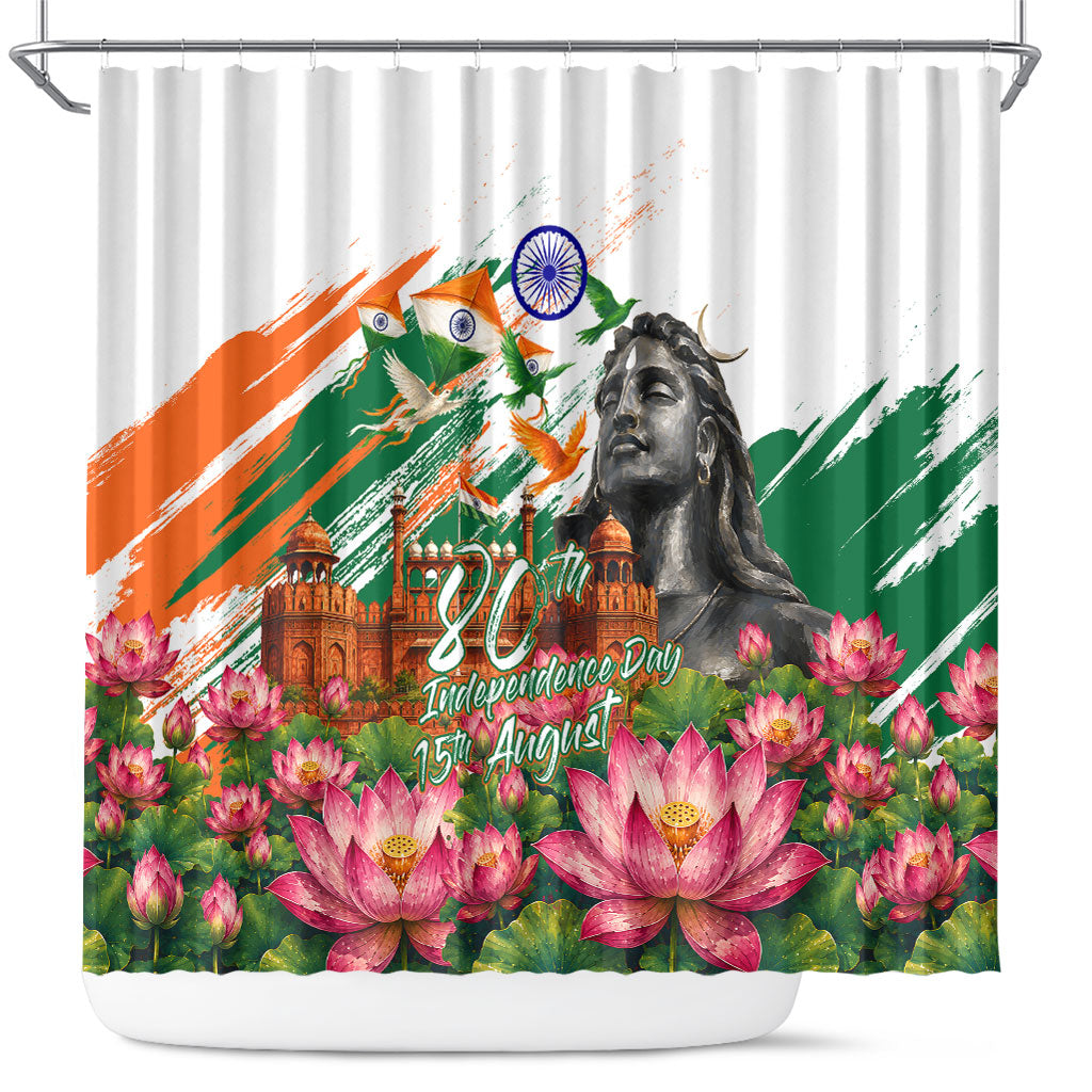 India 80th Independence Day Shower Curtain Ashoka Chakra Lotus Landmarks Shiva