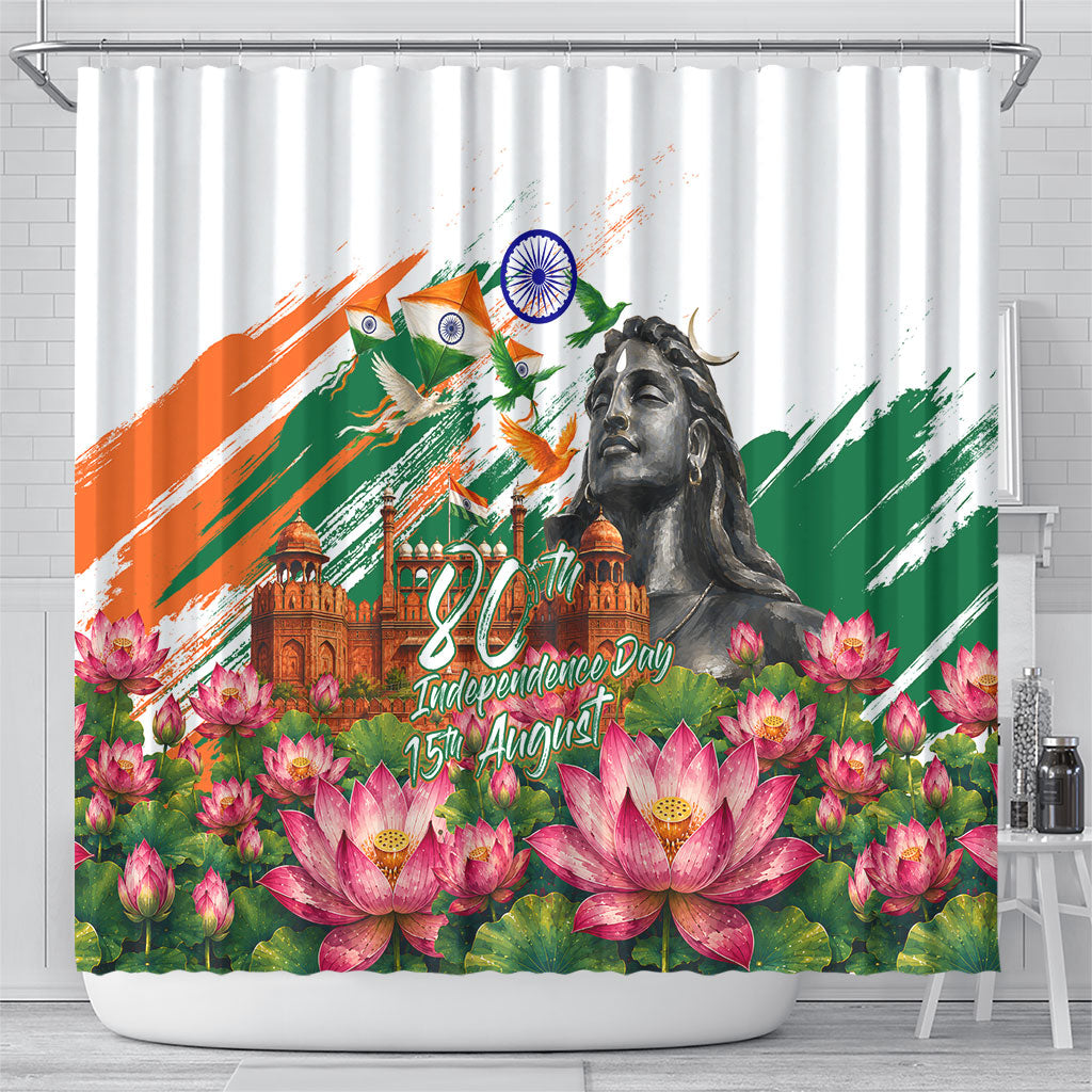 India 80th Independence Day Shower Curtain Ashoka Chakra Lotus Landmarks Shiva