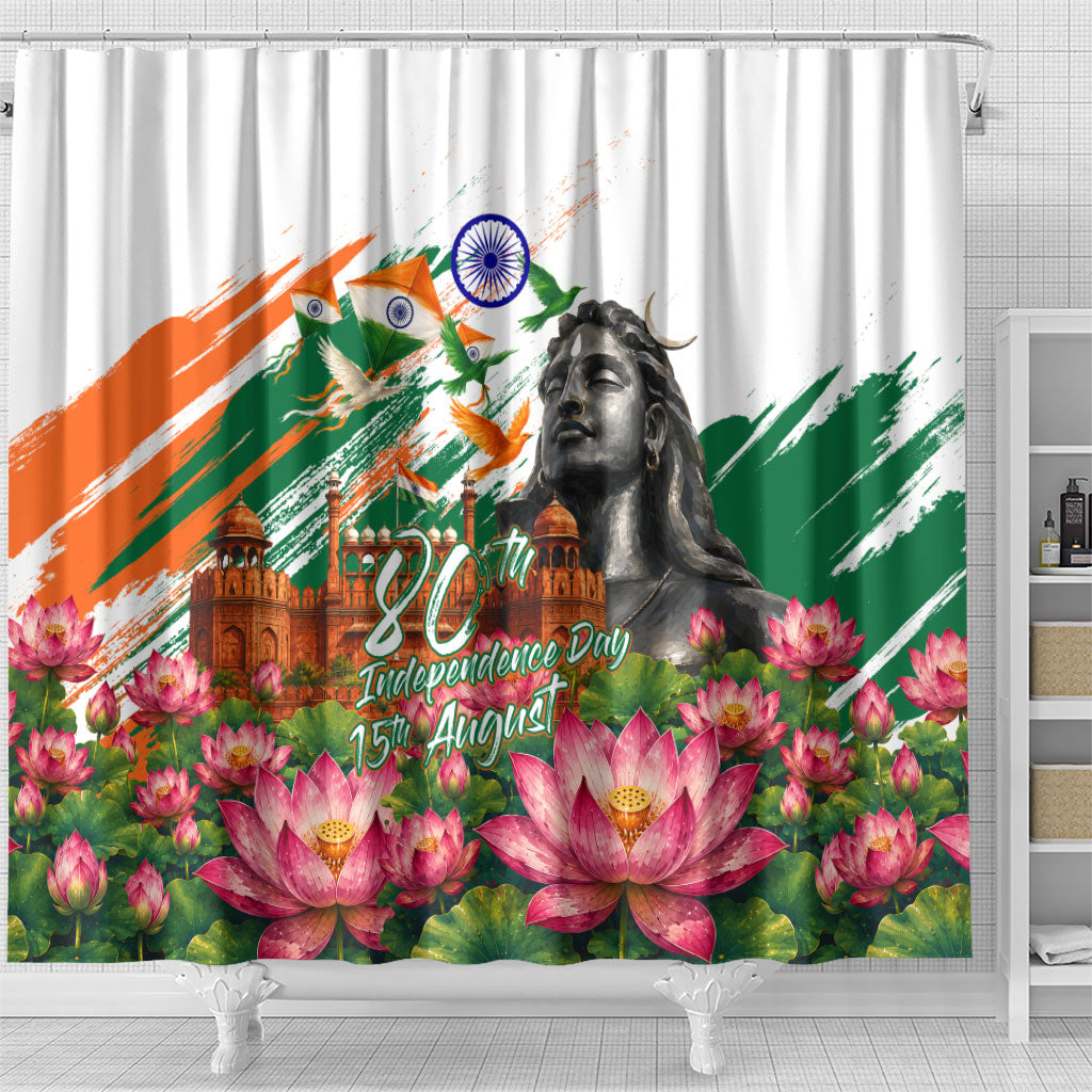 India 80th Independence Day Shower Curtain Ashoka Chakra Lotus Landmarks Shiva