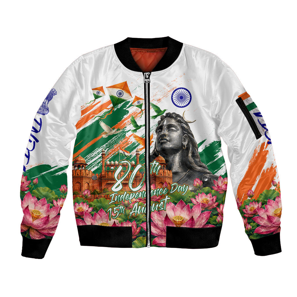 India 80th Independence Day Sleeve Zip Bomber Jacket Ashoka Chakra Lotus Landmarks Shiva