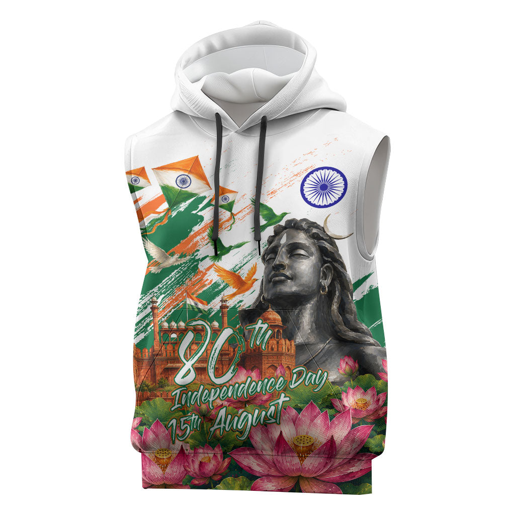 India 80th Independence Day Sleeveless Hoodie Ashoka Chakra Lotus Landmarks Shiva