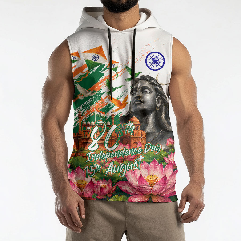 India 80th Independence Day Sleeveless Hoodie Ashoka Chakra Lotus Landmarks Shiva