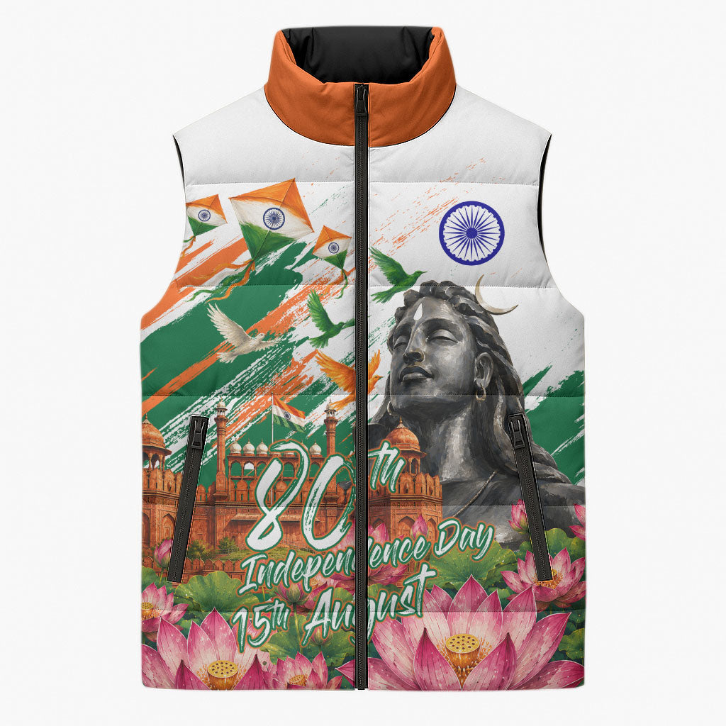 India 80th Independence Day Sleeveless Puffer Jacket Ashoka Chakra Lotus Landmarks Shiva