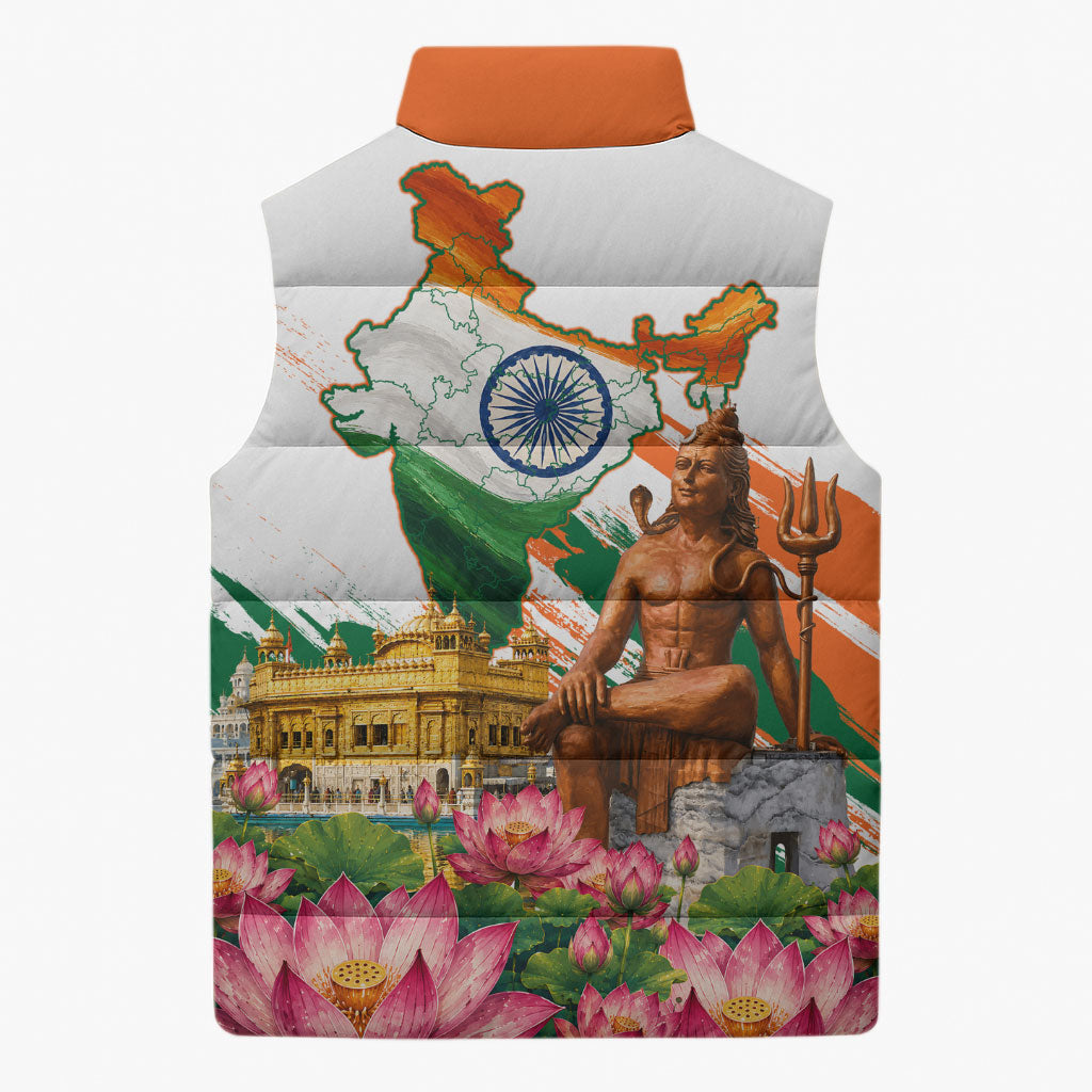 India 80th Independence Day Sleeveless Puffer Jacket Ashoka Chakra Lotus Landmarks Shiva