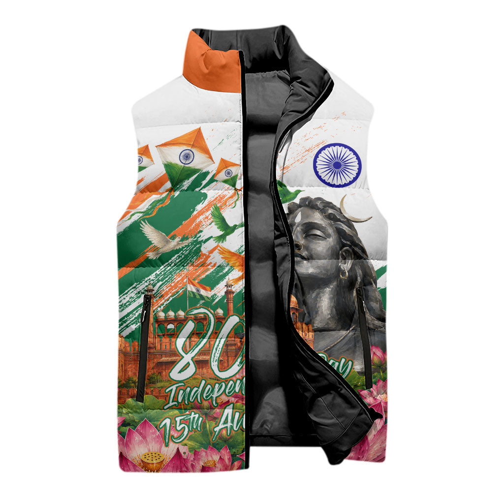 India 80th Independence Day Sleeveless Puffer Jacket Ashoka Chakra Lotus Landmarks Shiva