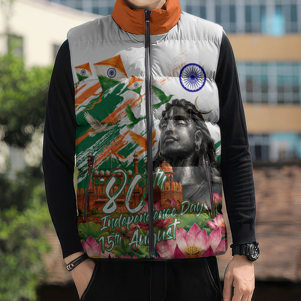 India 80th Independence Day Sleeveless Puffer Jacket Ashoka Chakra Lotus Landmarks Shiva