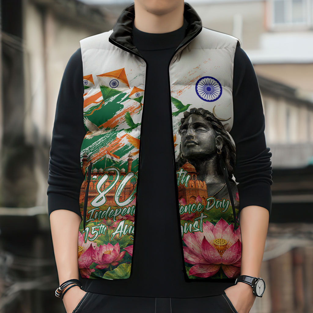 India 80th Independence Day Sleeveless Puffer Jacket Ashoka Chakra Lotus Landmarks Shiva