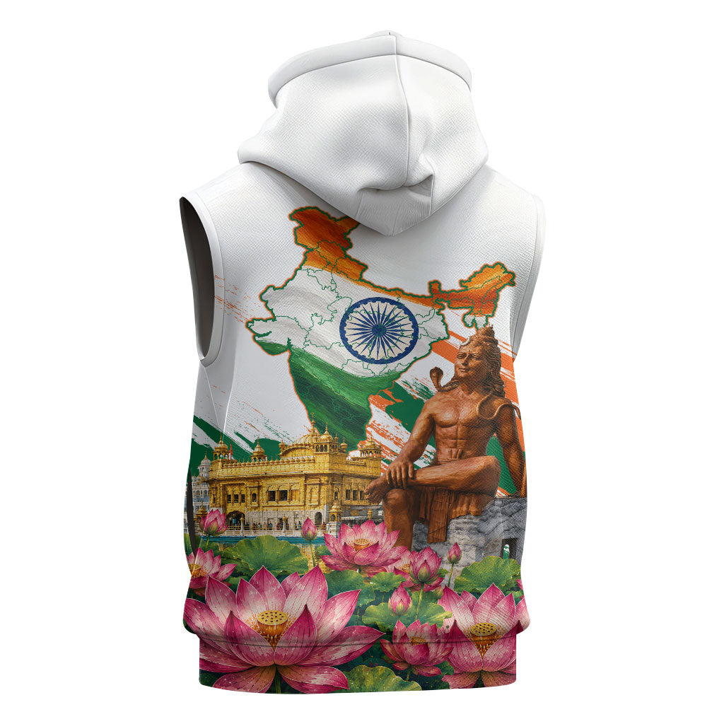 India 80th Independence Day Sleeveless Zip Hoodie Ashoka Chakra Lotus Landmarks Shiva