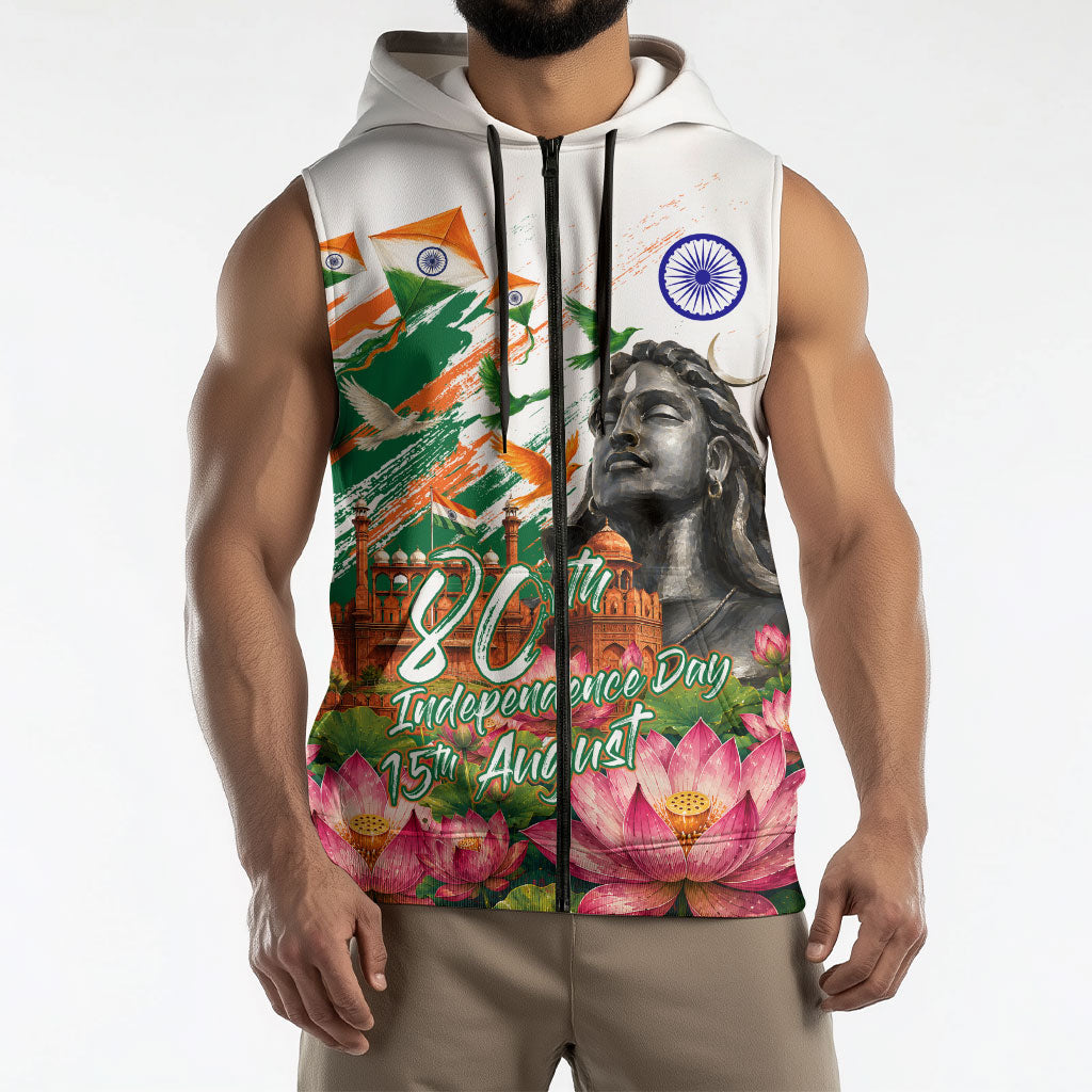 India 80th Independence Day Sleeveless Zip Hoodie Ashoka Chakra Lotus Landmarks Shiva