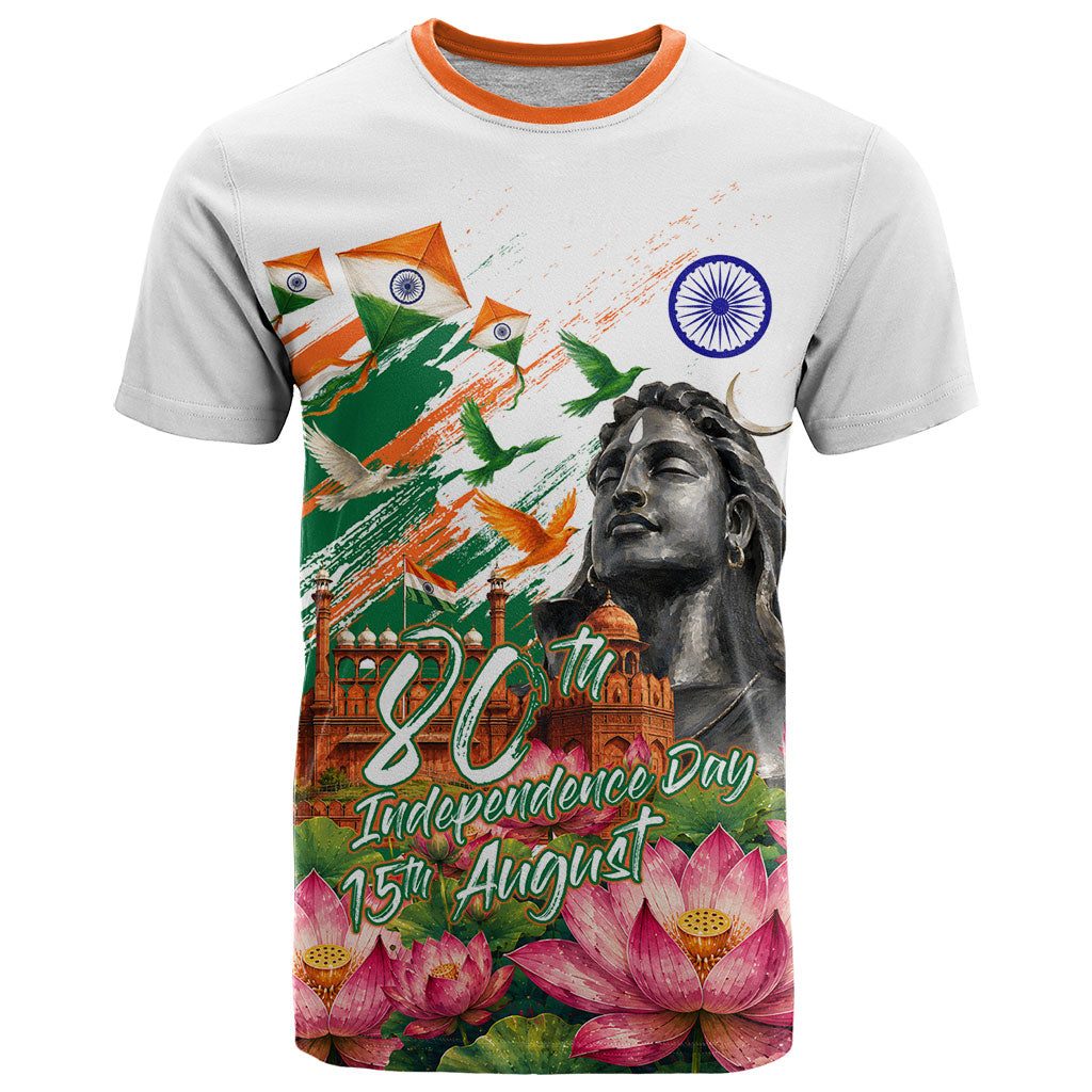 India 80th Independence Day T Shirt Ashoka Chakra Lotus Landmarks Shiva