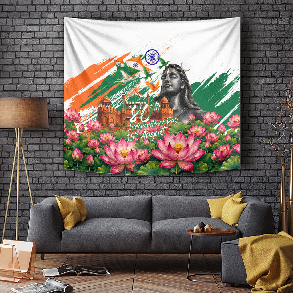 India 80th Independence Day Tapestry Ashoka Chakra Lotus Landmarks Shiva