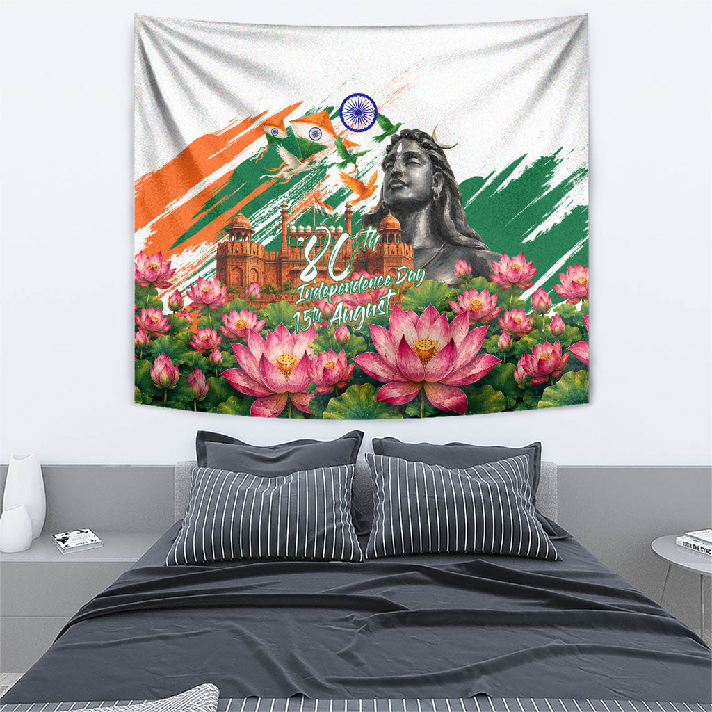 India 80th Independence Day Tapestry Ashoka Chakra Lotus Landmarks Shiva