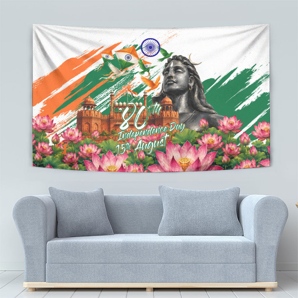 India 80th Independence Day Tapestry Ashoka Chakra Lotus Landmarks Shiva