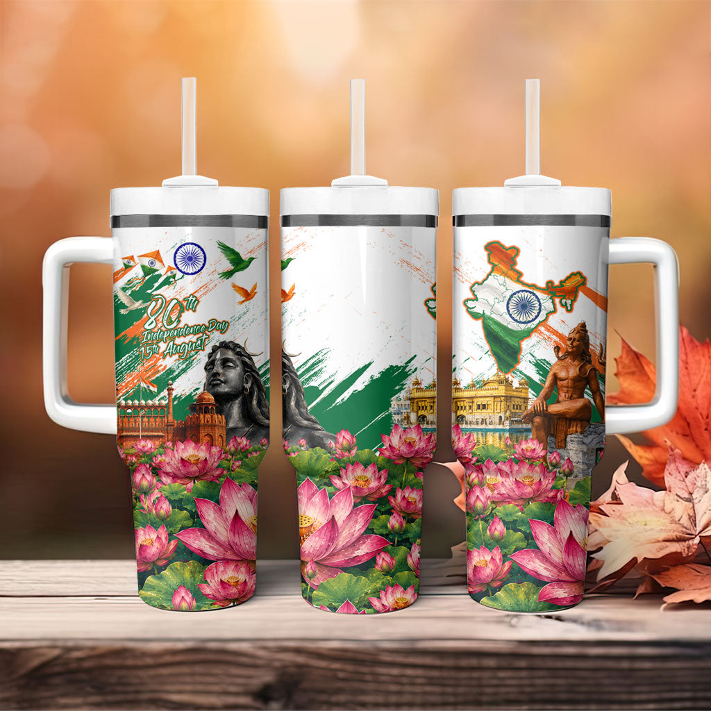 India 80th Independence Day Tumbler With Handle Ashoka Chakra Lotus Landmarks Shiva