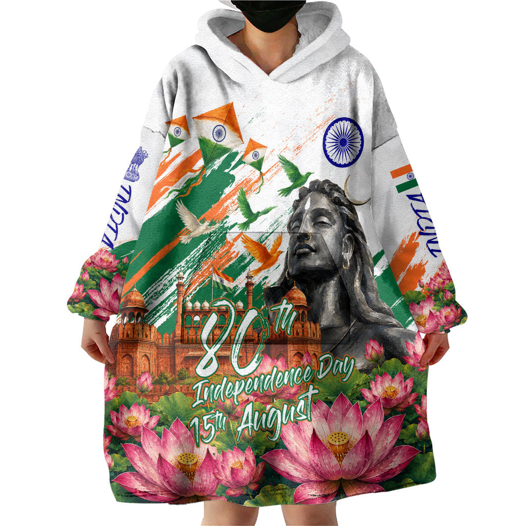 India 80th Independence Day Wearable Blanket Hoodie Ashoka Chakra Lotus Landmarks Shiva