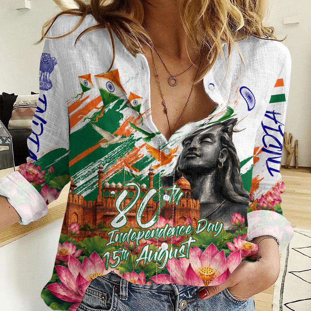 India 80th Independence Day Women Casual Shirt Ashoka Chakra Lotus Landmarks Shiva