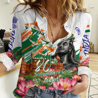 India 80th Independence Day Women Casual Shirt Ashoka Chakra Lotus Landmarks Shiva