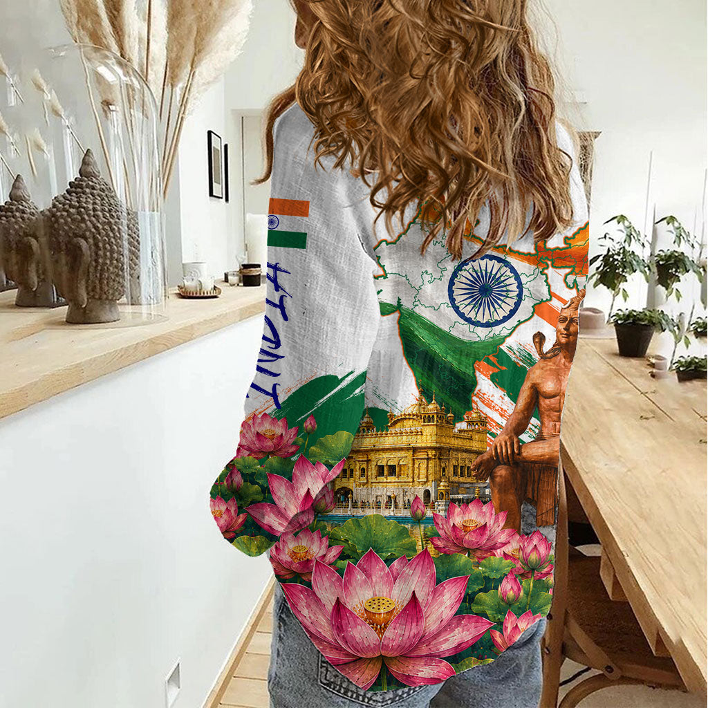 India 80th Independence Day Women Casual Shirt Ashoka Chakra Lotus Landmarks Shiva