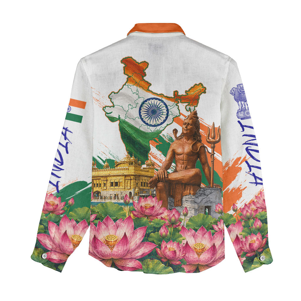 India 80th Independence Day Women Casual Shirt Ashoka Chakra Lotus Landmarks Shiva