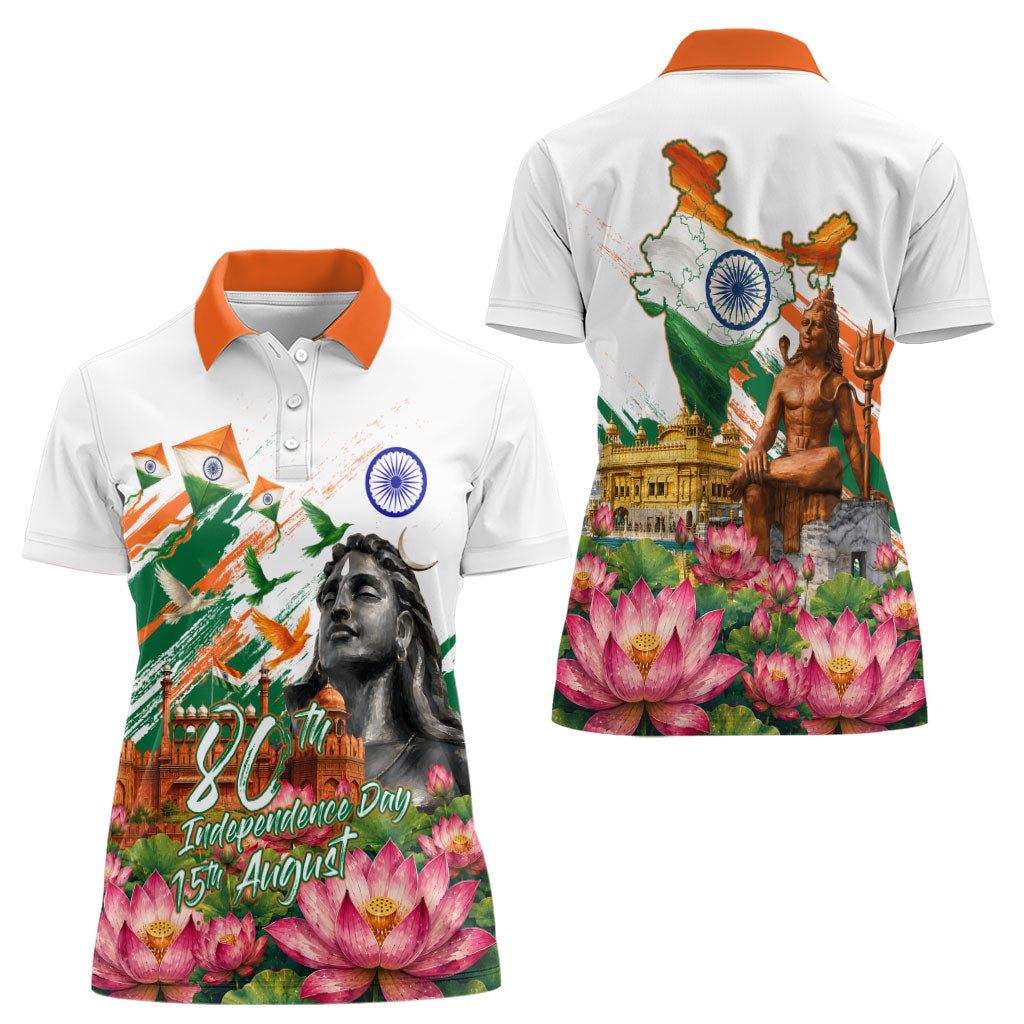 India 80th Independence Day Women Polo Shirt Ashoka Chakra Lotus Landmarks Shiva
