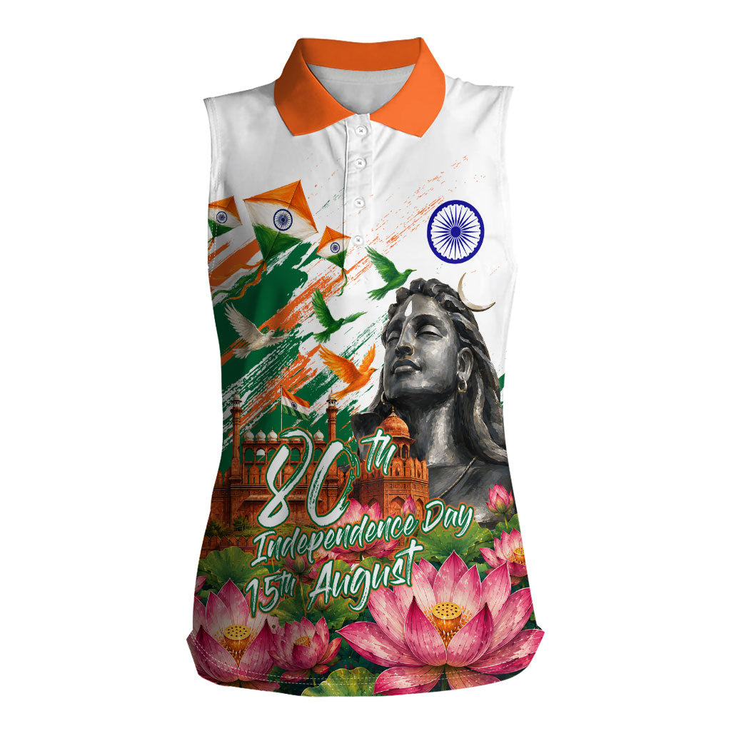 India 80th Independence Day Women Sleeveless Polo Shirt Ashoka Chakra Lotus Landmarks Shiva