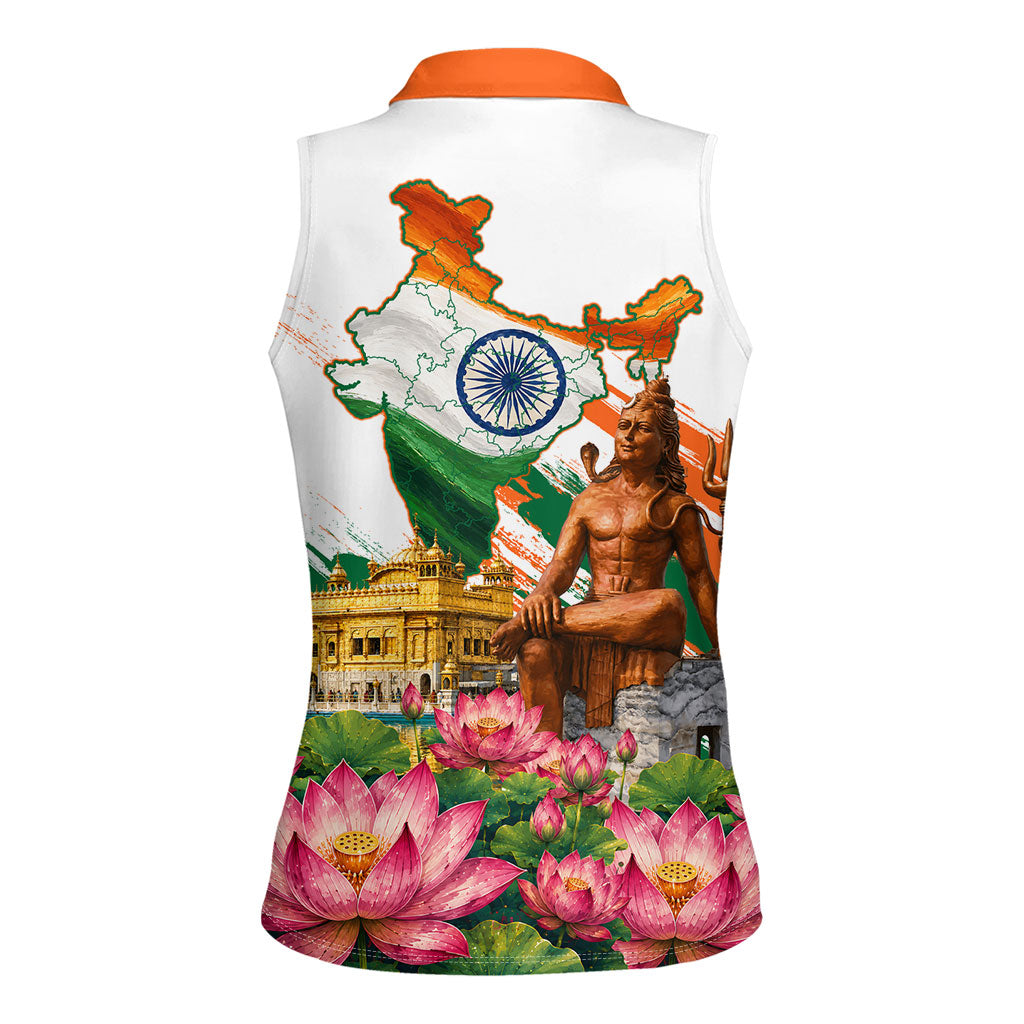 India 80th Independence Day Women Sleeveless Polo Shirt Ashoka Chakra Lotus Landmarks Shiva