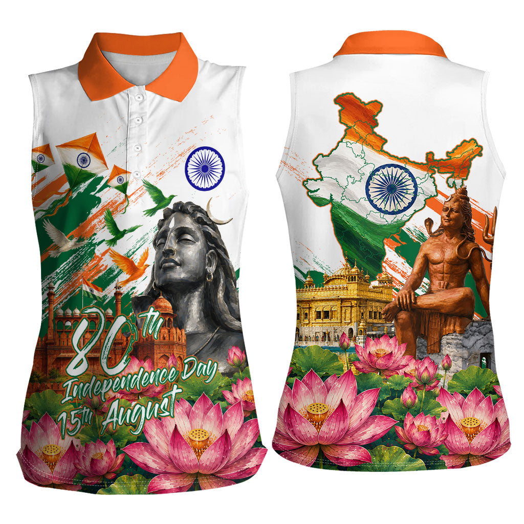 India 80th Independence Day Women Sleeveless Polo Shirt Ashoka Chakra Lotus Landmarks Shiva