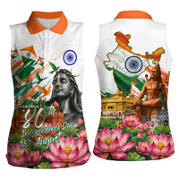 India 80th Independence Day Women Sleeveless Polo Shirt Ashoka Chakra Lotus Landmarks Shiva