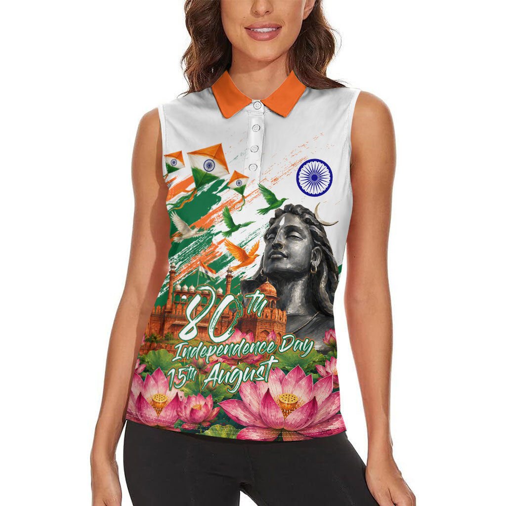 India 80th Independence Day Women Sleeveless Polo Shirt Ashoka Chakra Lotus Landmarks Shiva