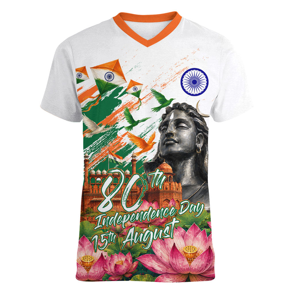 India 80th Independence Day Women V-Neck T-Shirt Ashoka Chakra Lotus Landmarks Shiva
